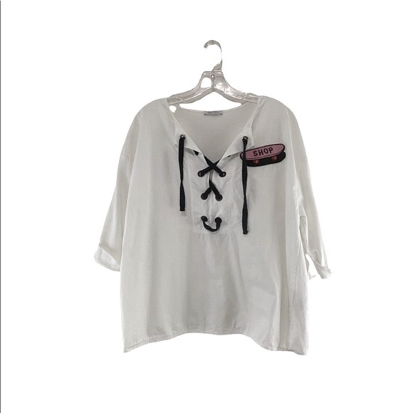 Zara Trafaluc Patch Shirt Size L Lace-Up Neckline Oversized Boxy - Picture 2 of 8